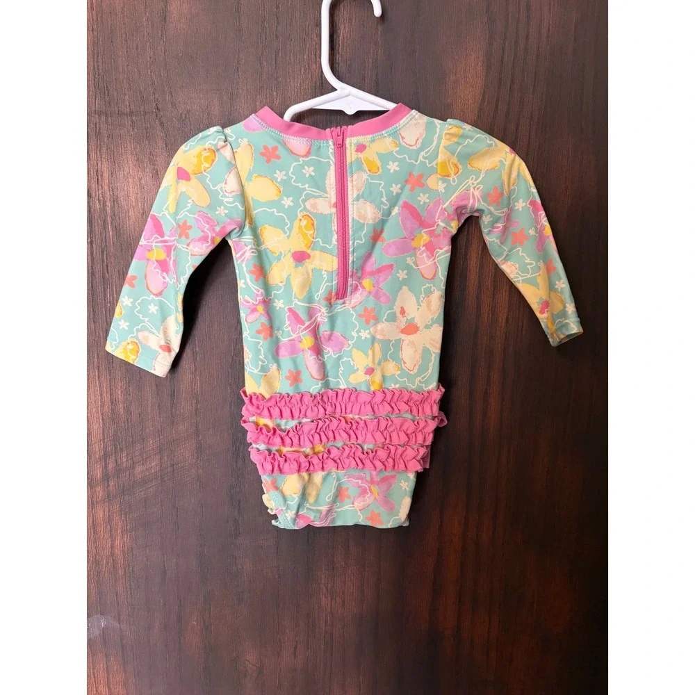 RuffleButts Girls Floral Long Sleeve Rash Guard Swimsuit Mint Pink 6-12M